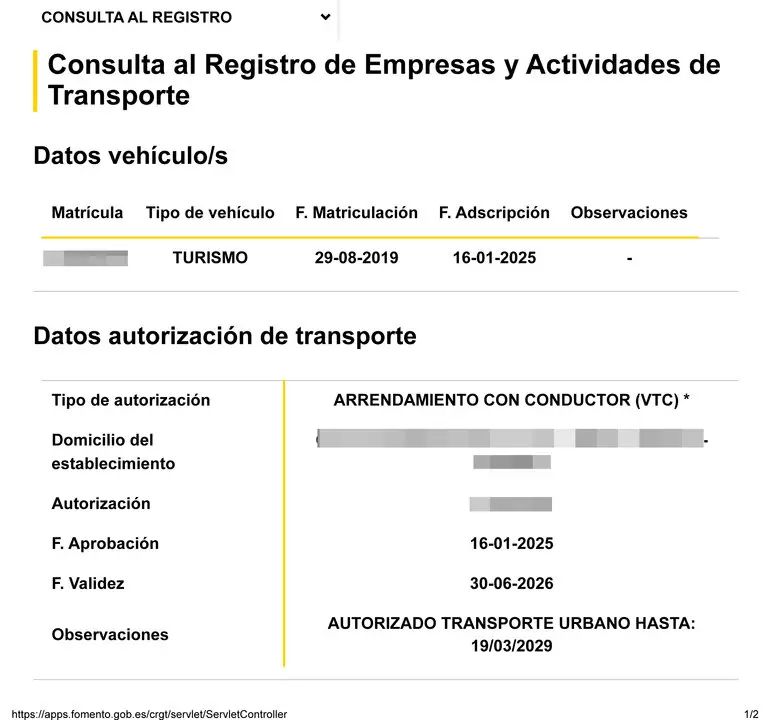 Ejemplo de VTC con permiso urbano
