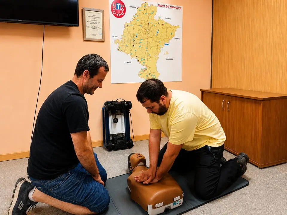 Juan Miguel Elorza (izda.) e I&ntilde;igo Murillo (dcha.) practican la reanimaci&oacute;n cardiopulmonar con un maniqu&iacute; de torso.