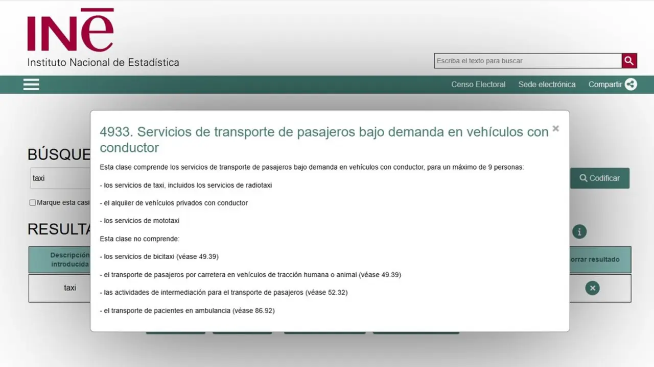 Código del taxi en CNAE