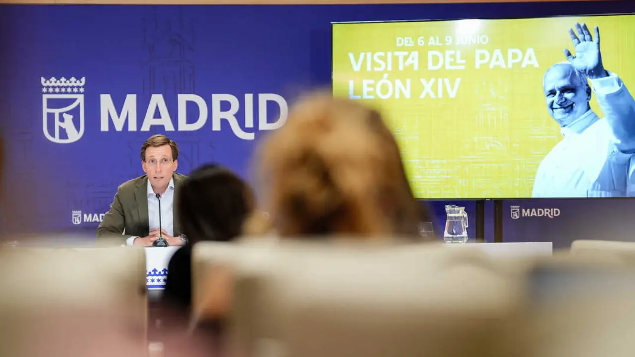 ntervenci&oacute;n del alcalde de Madrid, Jos&eacute; Luis Mart&iacute;nez-Almeida, sobre los dispositivos de seguridad, emergencias y movilidad dise&ntilde;ados por el Ayuntamiento con motivo de la visita papal