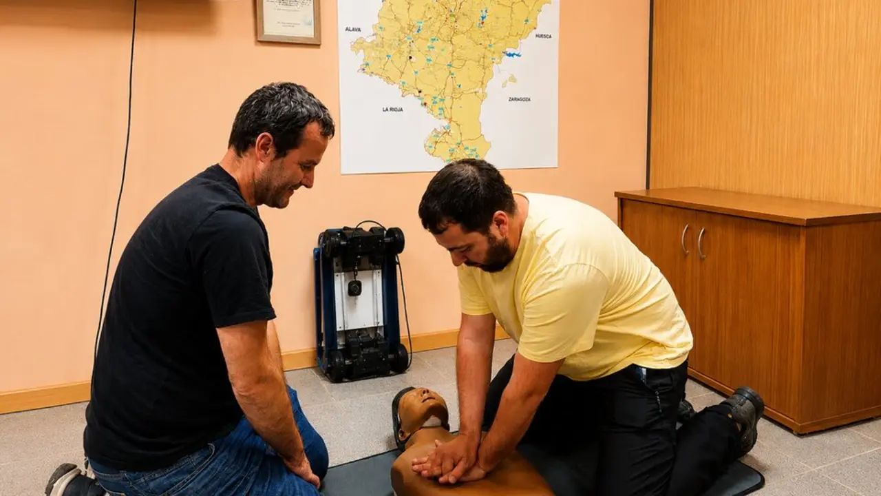 Juan Miguel Elorza (izda.) e I&ntilde;igo Murillo (dcha.) practican la reanimaci&oacute;n cardiopulmonar con un maniqu&iacute; de torso.