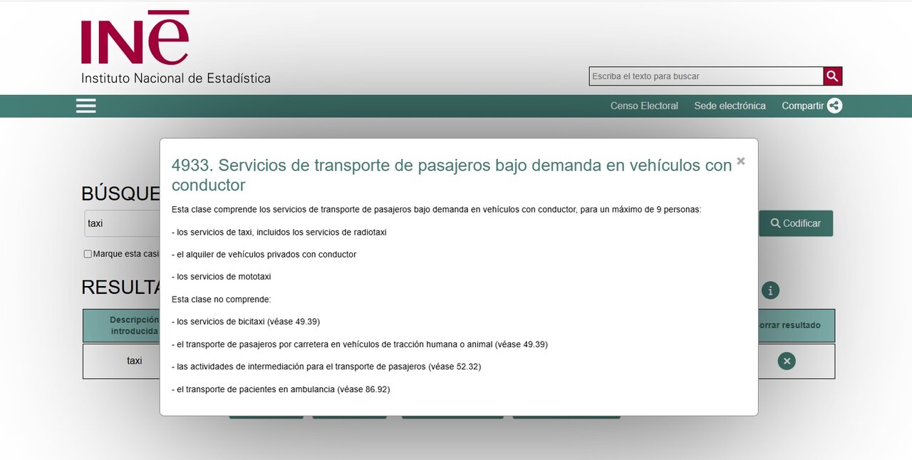 Código del taxi en CNAE