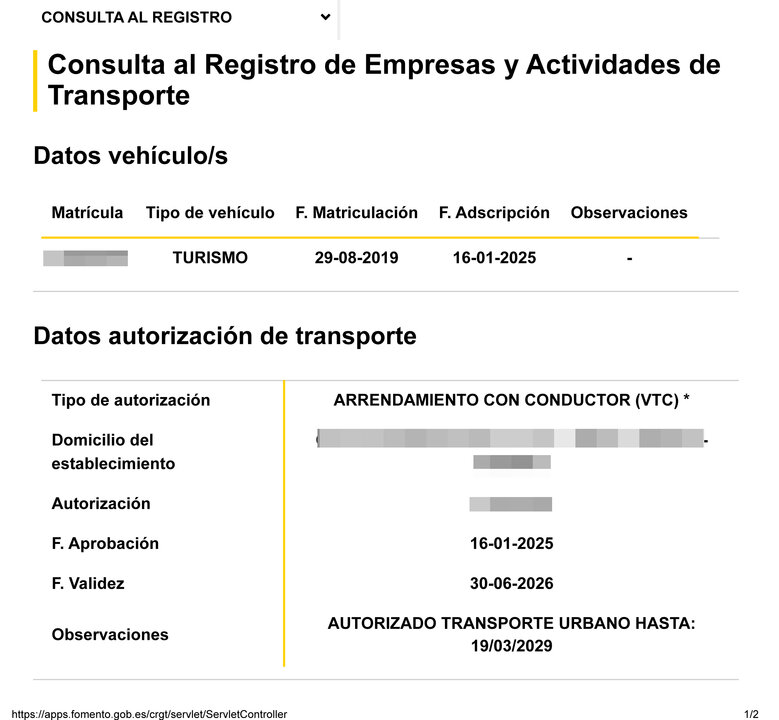 Ejemplo de VTC con permiso urbano