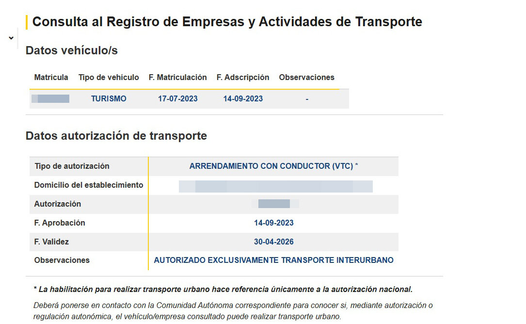 Ejemplo de VTC que no dispone de permiso urbano